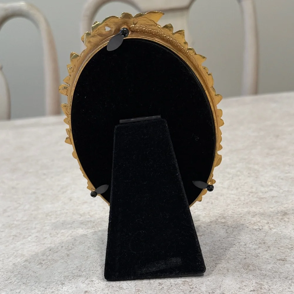 VINTAGE BURNES OF BOSTON ENAMEL & CRYSTAL FLORAL GOLD TONE OVAL FRAME HOLDS 4x6